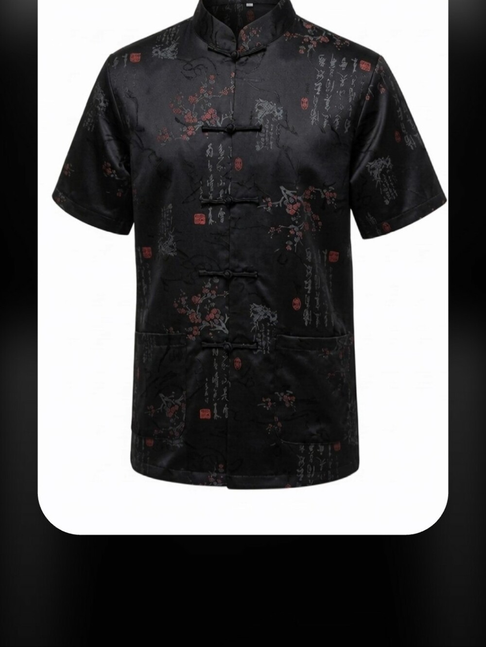 Black Satin Mandarin Collar Top with Subtle Red Floral Print
